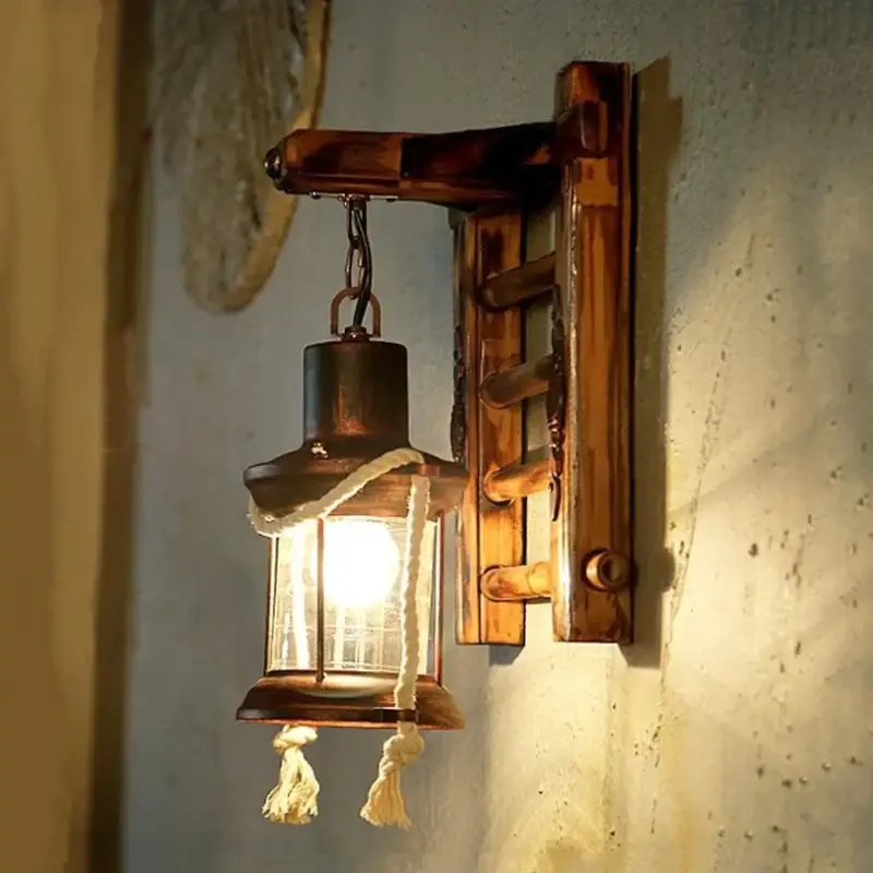 Lampe rétro japonaise en bambou et corde de chanvre led Prix Réduit