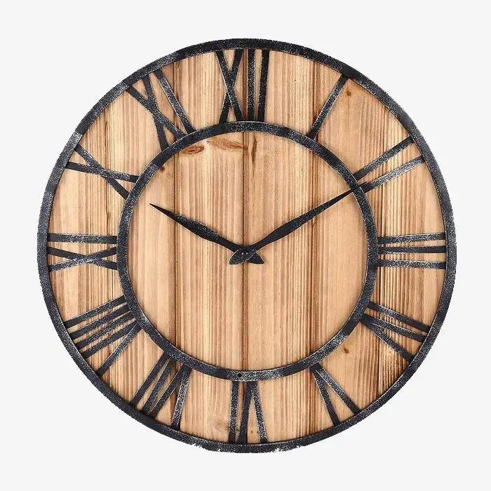 Dernier Modèle Round wall clock in wood and metal with roman numerals industrial s...