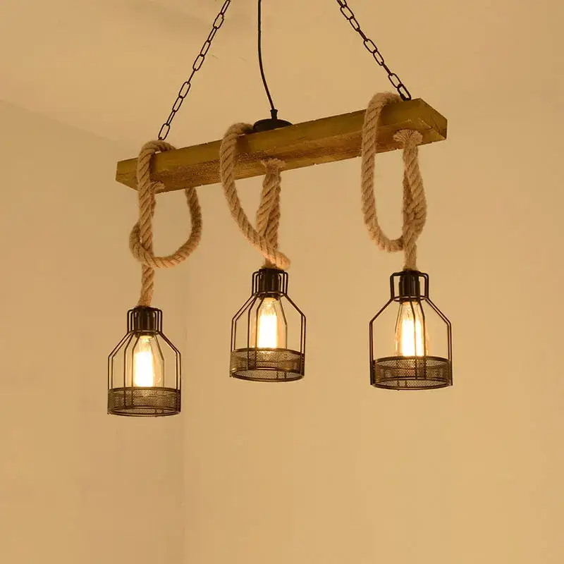 Usine Directe Retro industrial chandelier with 3 heads in wood and hemp rope