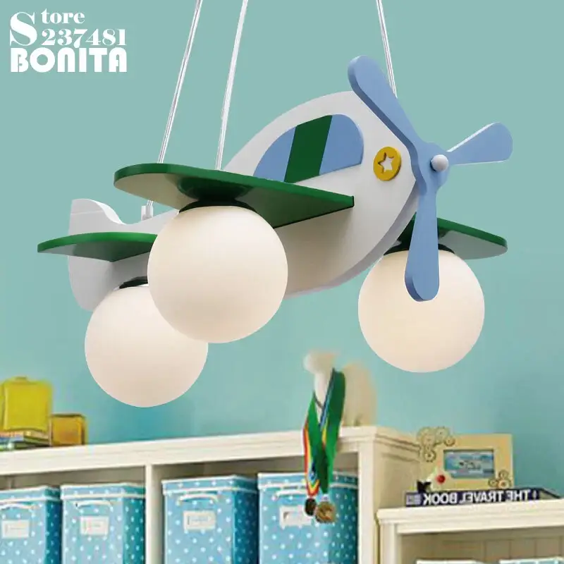 Wood and glass cartoon airplane pendant light for children Acheter En Ligne