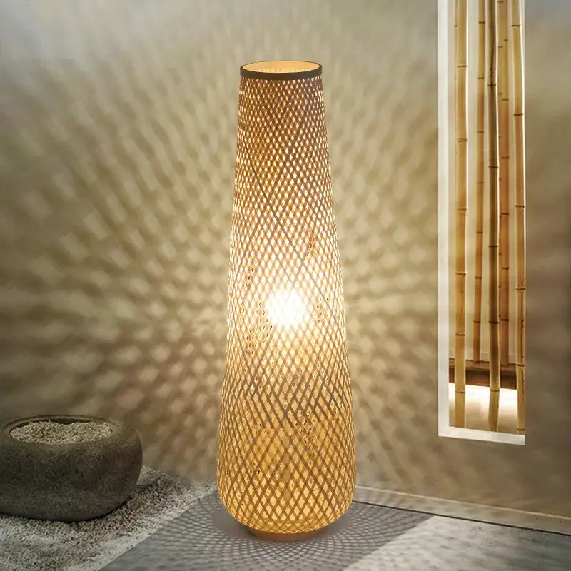 Cylindrical bamboo and wicker floor lamp with retro wooden weave Promotion