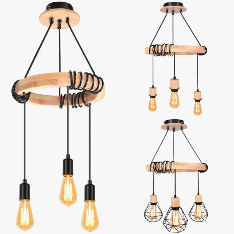 Dernière Chance Nordic industrial wooden pendant light with retro style and three h...