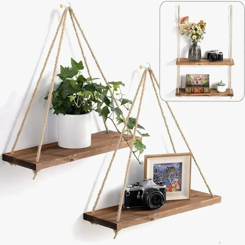 Expédié Aujourd'hui Hanging wooden swing with hemp rope for plants and storage