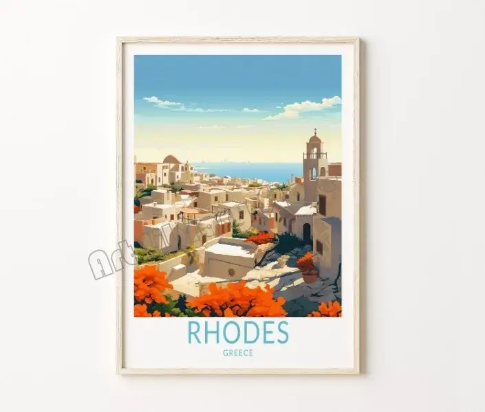 Retro travel poster with castle and santorini island in greece Prix Promo