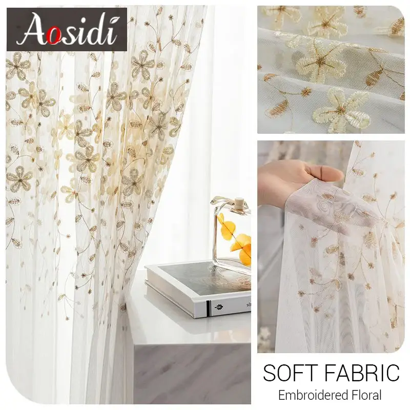 Pastoral style flower embroidered voile curtain for living room and... Prix Cassé