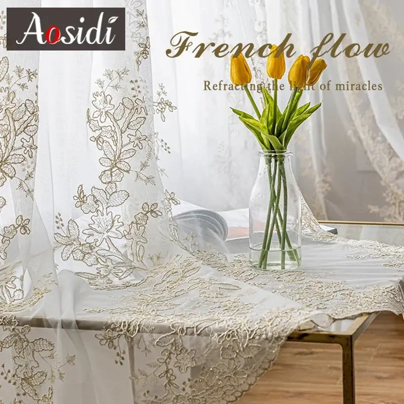 Embroidered floral tulle voile curtain for living room and bedroom Livraison Express