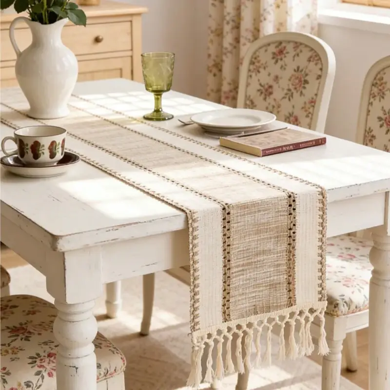 Green boho striped table runner with tassels Petit Prix