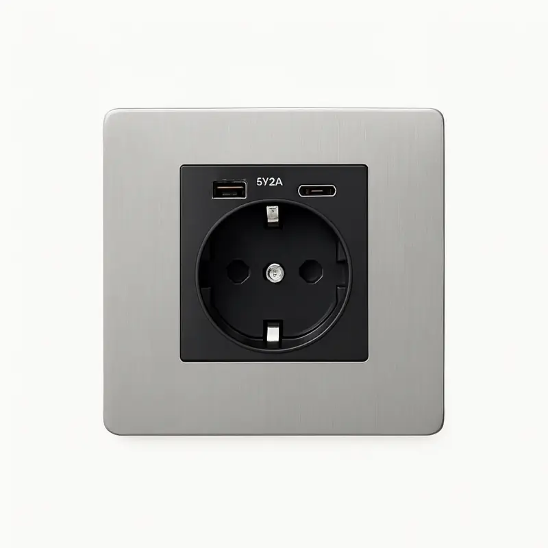 Soldes Light grey brushed steel wall socket with double usb and usb type-c...