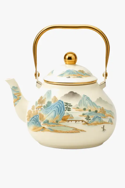 Satisfait Ou Remboursé Vintage enamelled kettle with floral design and golden handle