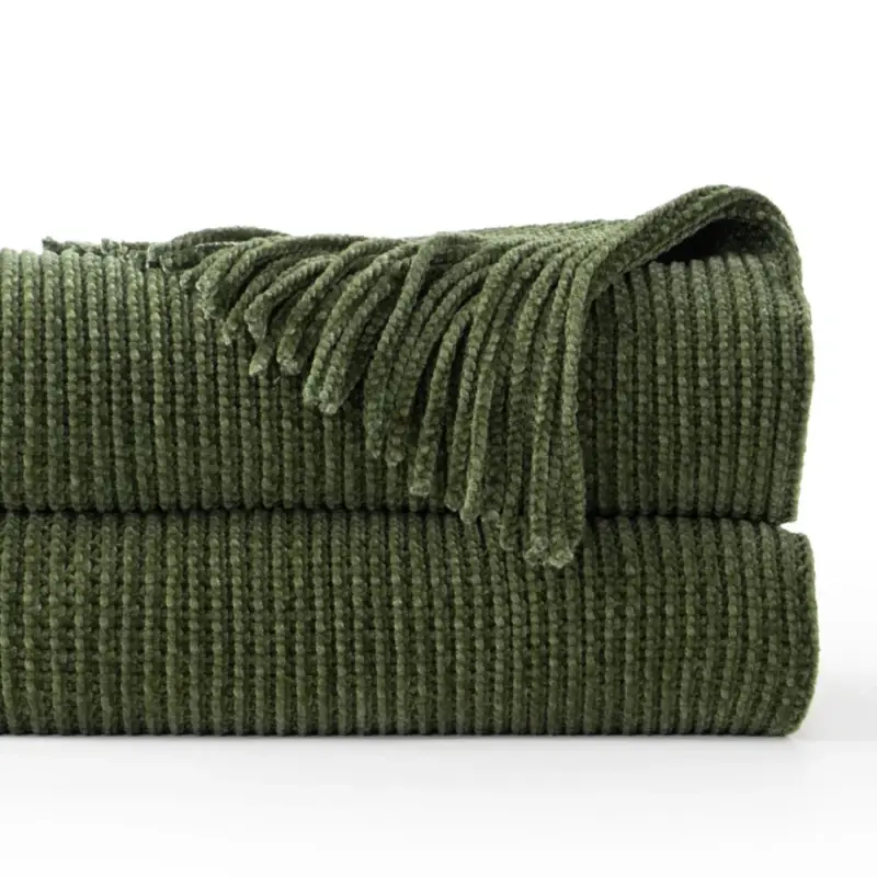 Bon Plan Chenille knit throw blanket with pom-poms and decorative check pattern