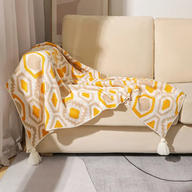 Plaid boheme carreaux a pompons style pastoral salon Acheter En Ligne
