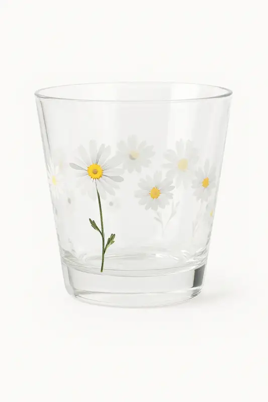 Hammered glass cup with daisy motif for heat resistant drinks Populaire