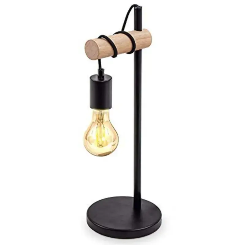 Lampe de Table, Design Rétro Lampe de Lecture, Bois & Métal, Éclairage du Bureau et de la Chambre, Lampe de Chevet, Pour Ampoule LED E27 10W Max (Noir) Prix Cassé
