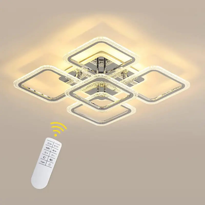Plafonnier LED Moderne, Éclairage de Plafond Dimmable 2700K-6500K avec Télécommande, Lustre Carré Acrylique 60CM pour Chambre à Coucher, Salon (100W, 5 Lumières, Chrome) Nouvel Arrivage
