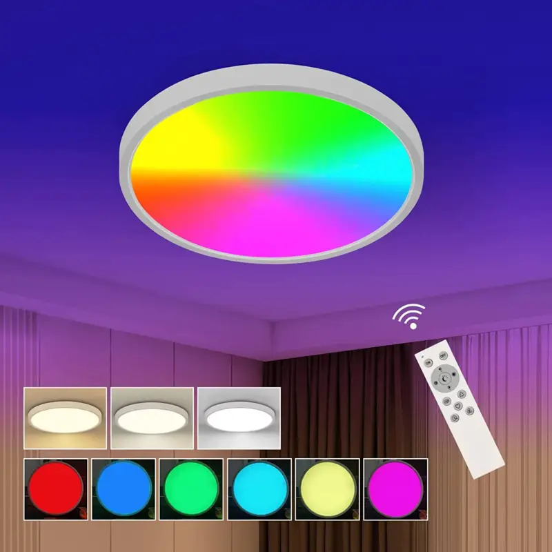Plafonnier LED 24W Dimmable RGB, 2520lm Luminaire Plafonnier avec Télécommande 2700-6500K IP54 Imperméable pour Bain, Chambre, Salon, Cuisine Prix Réduit