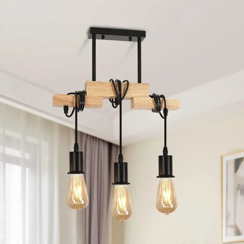 Dernier Modèle Lustre Vintage Bois Suspension Pour salon chambre à coucher salle à manger bureau Bar Café Noir E27 Base