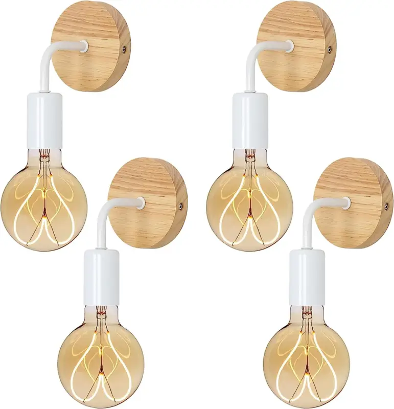 Paiement Sécurisé 4 pièces Applique Murale Intérieur Bois Vintage Lampe murale E27 Base Pour chambre à coucher, salon, couloir, entrée Blanc