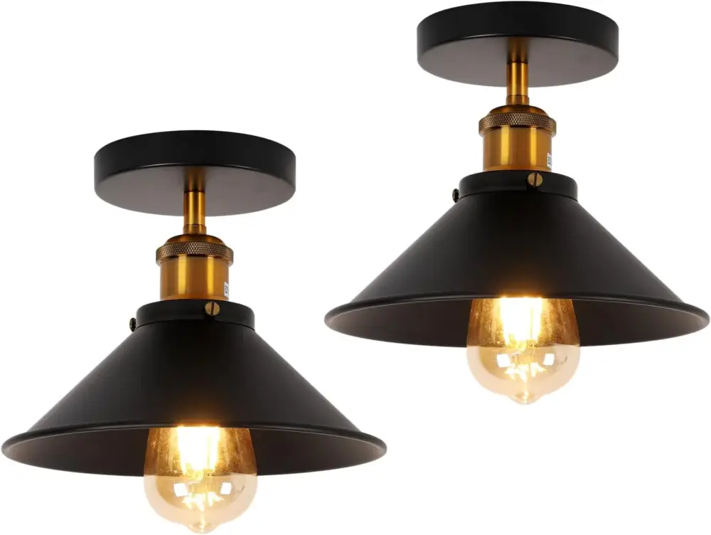 2 Pack Plafonnier Industriel Vintage, E27 Abat-jour en Métal Noir Suspension Lustre Luminaire Rétro Plafonnier pour Salon Cuisine Chambre (ampoule non incluse) Paiement Sécurisé