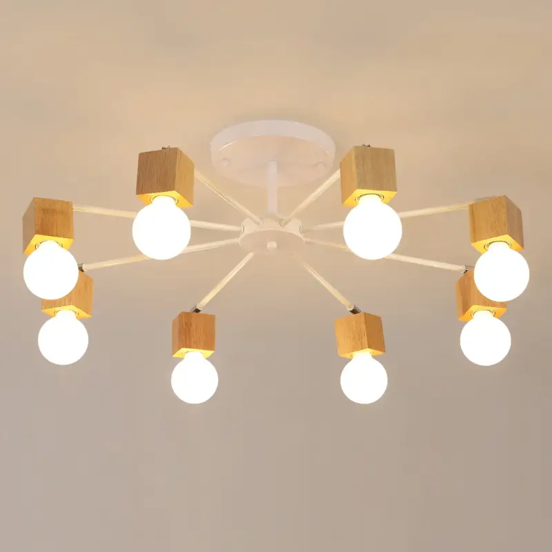 Lustre en fer à branches créatives, corps de lampe blanc + coupelle de lampe en bois, 8-Lumières E27(source de lumière non incluse) Solde