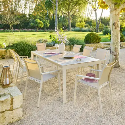 Ensemble table de jardin ÉVASION + 8 fauteuils ESSENTIA Lin & Argile Dernière Chance