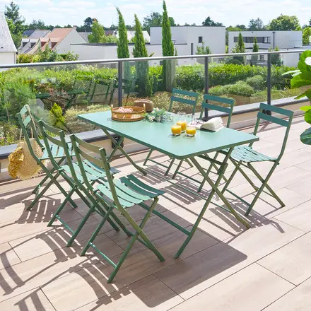 Ensemble table de jardin rectangle + 6 chaises empilables GREENSBORO Vert Olive Jusqu'à Épuisement Des Stocks