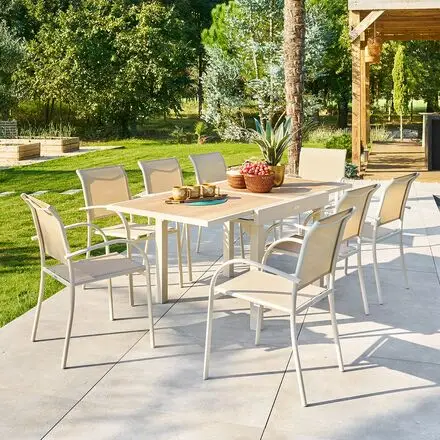 Vente Directe Ensemble table de jardin extensible PIAZZA+ 8 fauteuils PIAZZA Épeautre & Argile