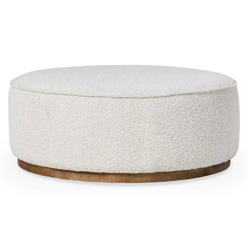 Promotion Saisonnière Sinclair - Grand pouf rond en tissu bouclé avec base en bois par Four Hands