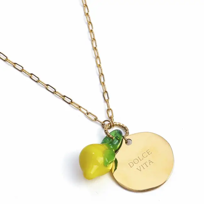 Usine Directe Collier Dolce Vita en acier inoxydable doré et fruits en verre Citron