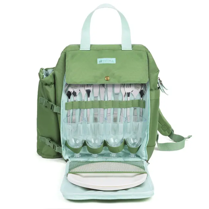 Promotion Saisonnière Sac-à-dos pique-nique isotherme avec vaisselle 4 personnes et porte-bouteille
