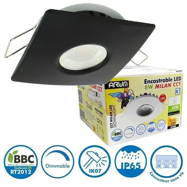 Promotion Saisonnière Spot Encastrable LED 8W MILAN CCT IP65 IK07 Collerette Carrée Noire avec Transformateur Dimmable