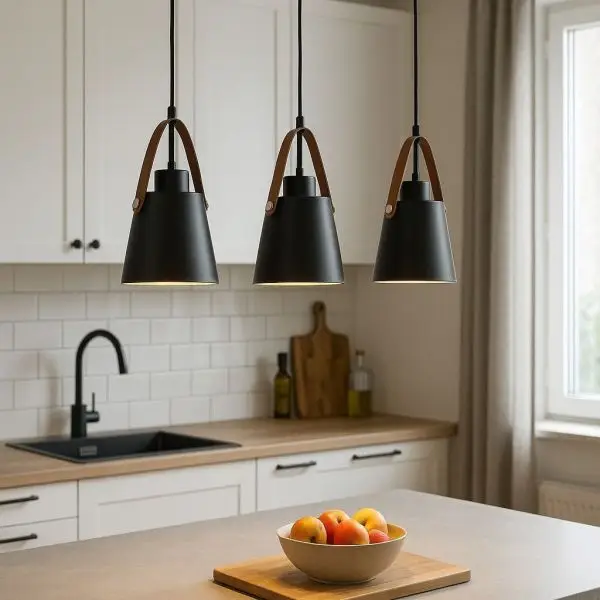 Luminaire suspension en Métal noir et lanière cuir 3 lampes E27 RICHMOND Expédié Aujourd'hui
