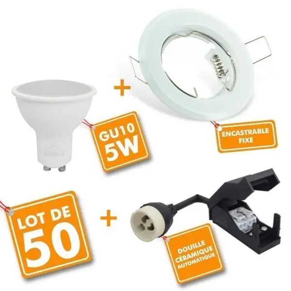 Prix Bas Lot de 50 Spot LED encastrable complet Blanc Fixe avec Ampoule GU10 5W